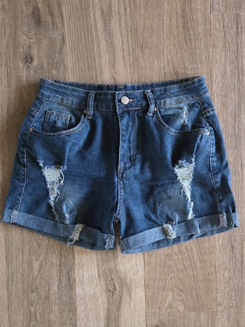 Distressed Roll-Cuff Denim Shorts - Blue